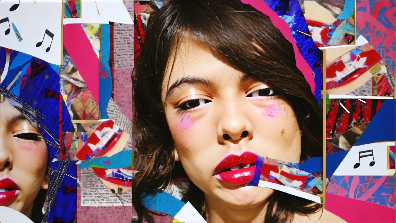 Close-up of a face with bold makeup and collages