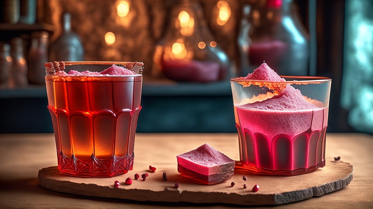 Elegant Glasses of Red Drinks and Dessert Displayed