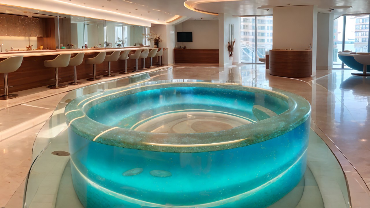 Luxurious Indoor Space with Circular Hot Tub and Bar