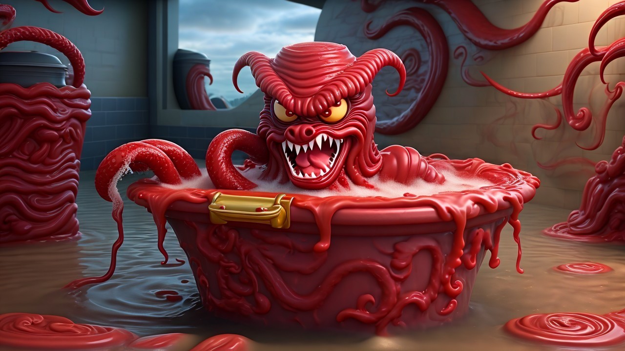 Menacing creature in crimson liquid with tentacle appendages