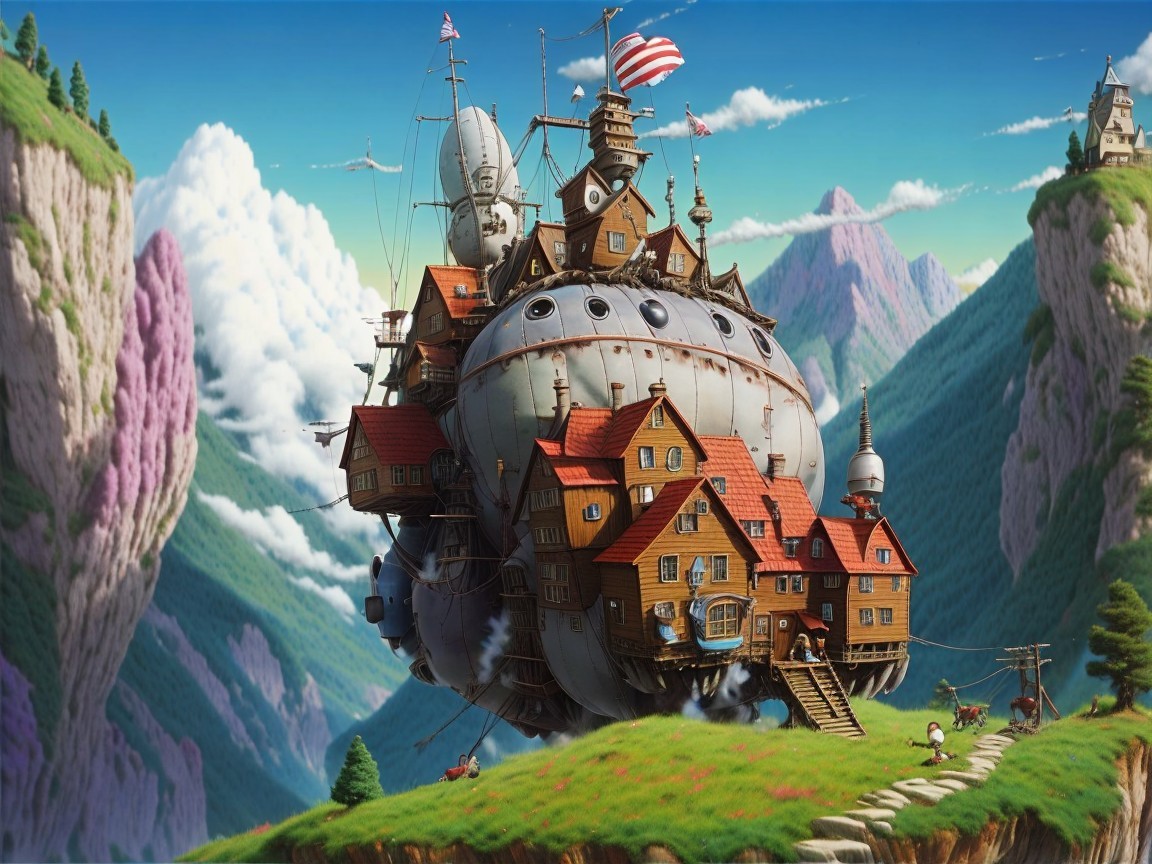 Whimsical Floating Village on a Lush Green Hill