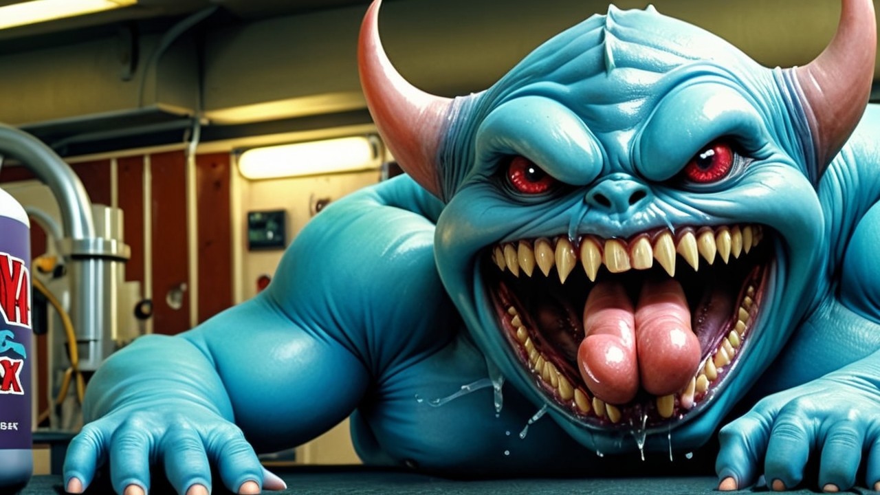 Monstrous Blue Creature in Bright Industrial Setting