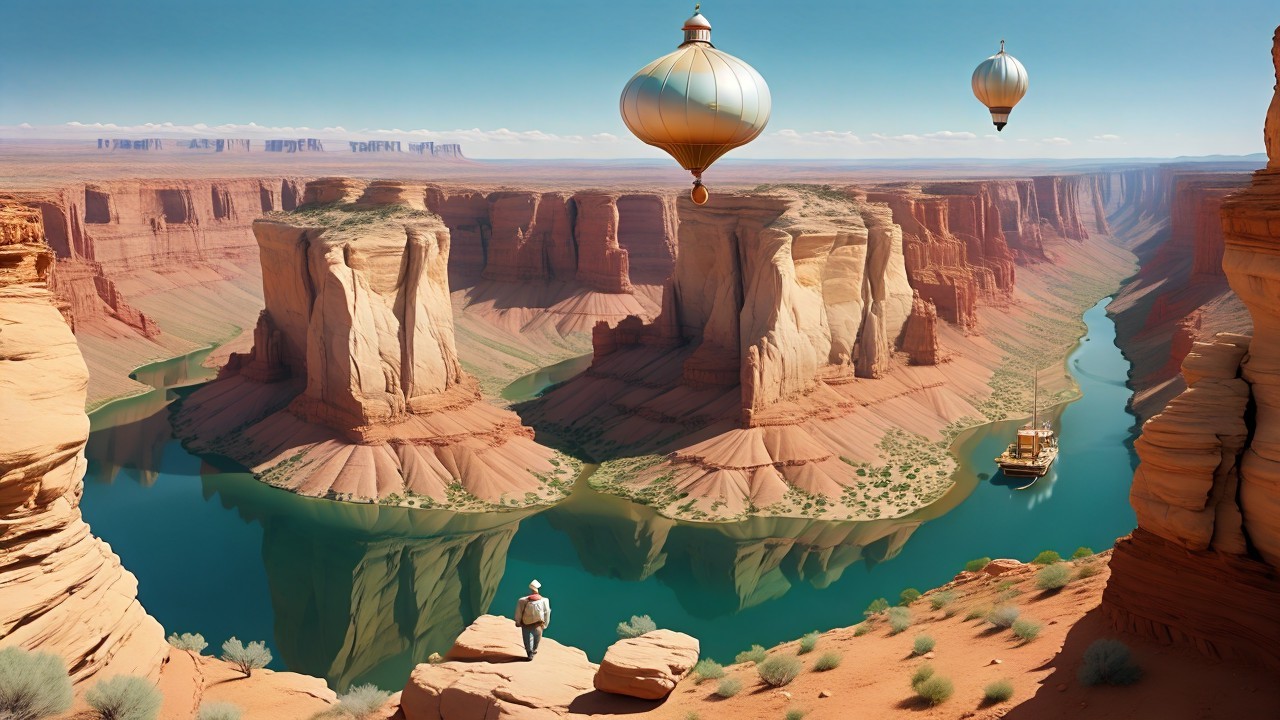 Landscape of Red Sandstone Cliffs and River with Balloons