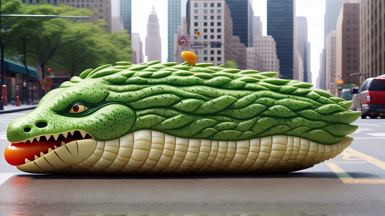 Inflatable alligator on city street with orange ball