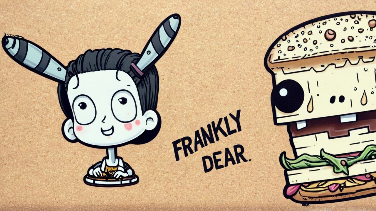 Whimsical cartoon character with pens and hamburger