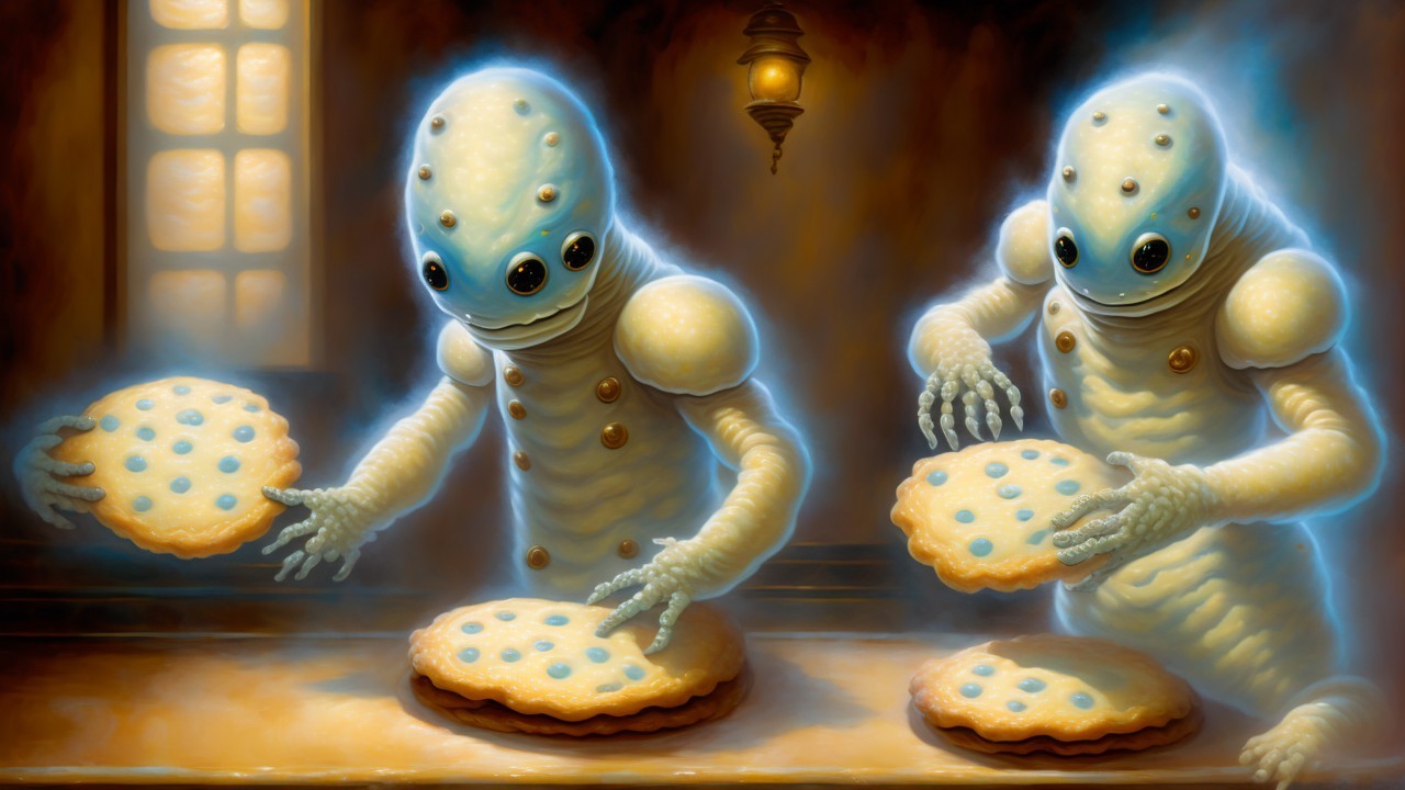 Alien Beings Decorating Oversized Cookies in Ethereal Kitchen
