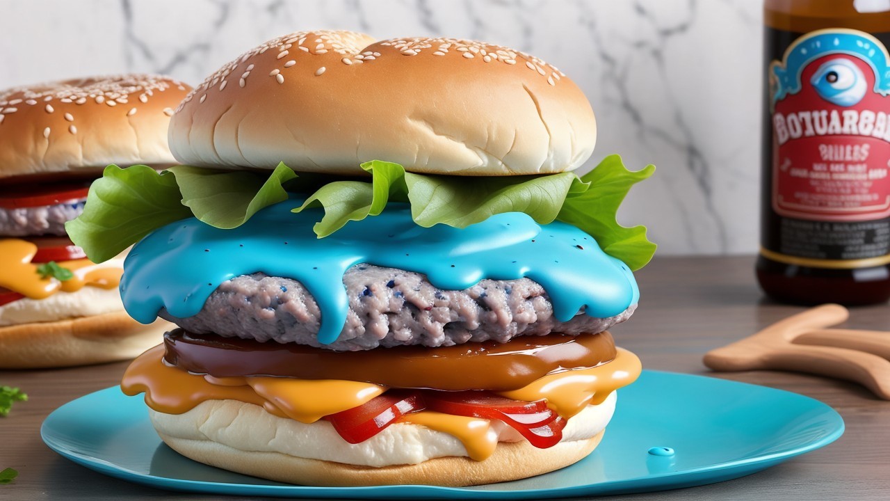 Oversized Burger with Colorful Toppings on Blue Plate