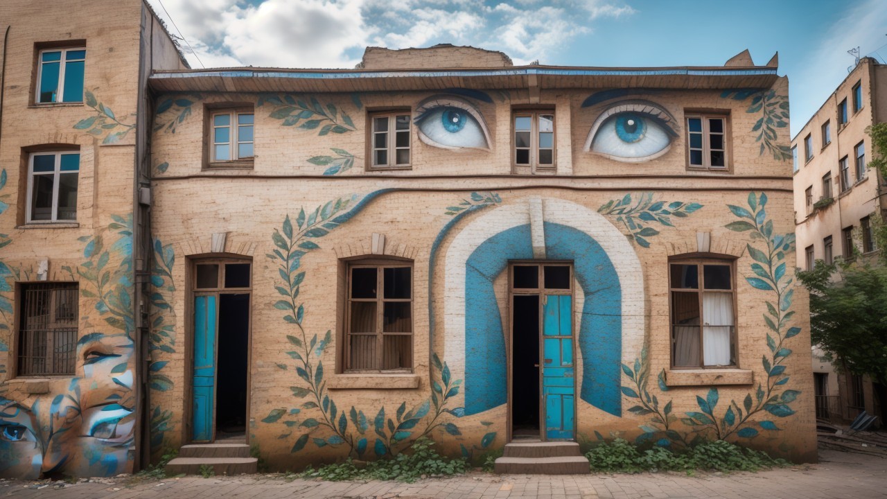 Mural on Brick Building with Vibrant Blue Door