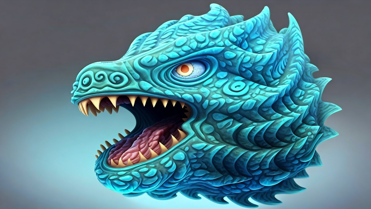 Fantastical dragon-like creature head with blue scales