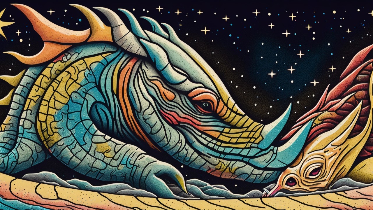 Brightly Colored Dragon Creature in Starry Night Sky