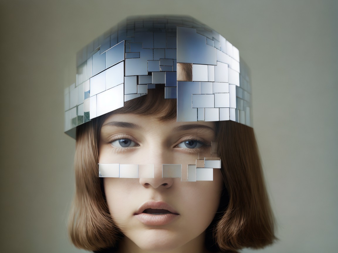 Young woman with futuristic reflective headdress design