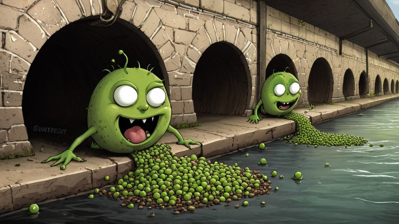 Cartoonish Green Creatures Emerging from Storm Drains
