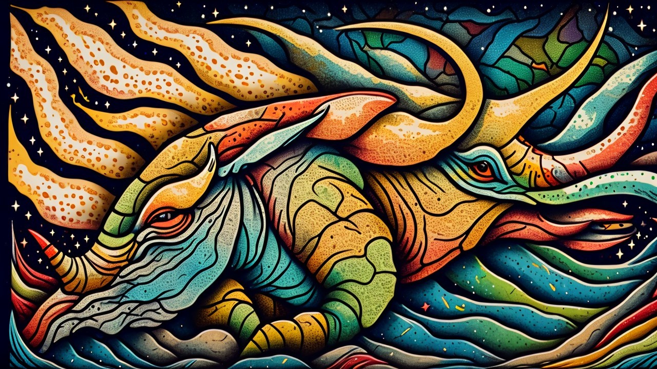 Surreal Illustration of Majestic Creatures in Space