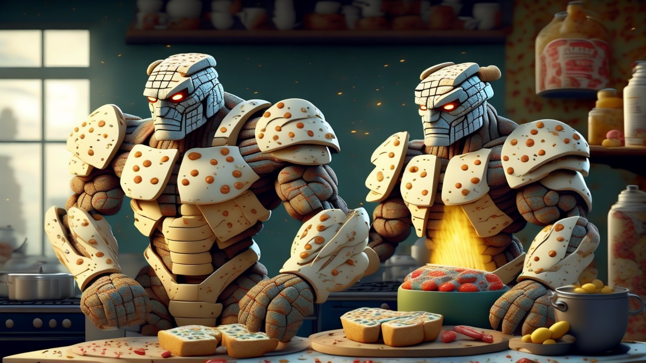 Cookie-like robots in a cozy kitchen setting