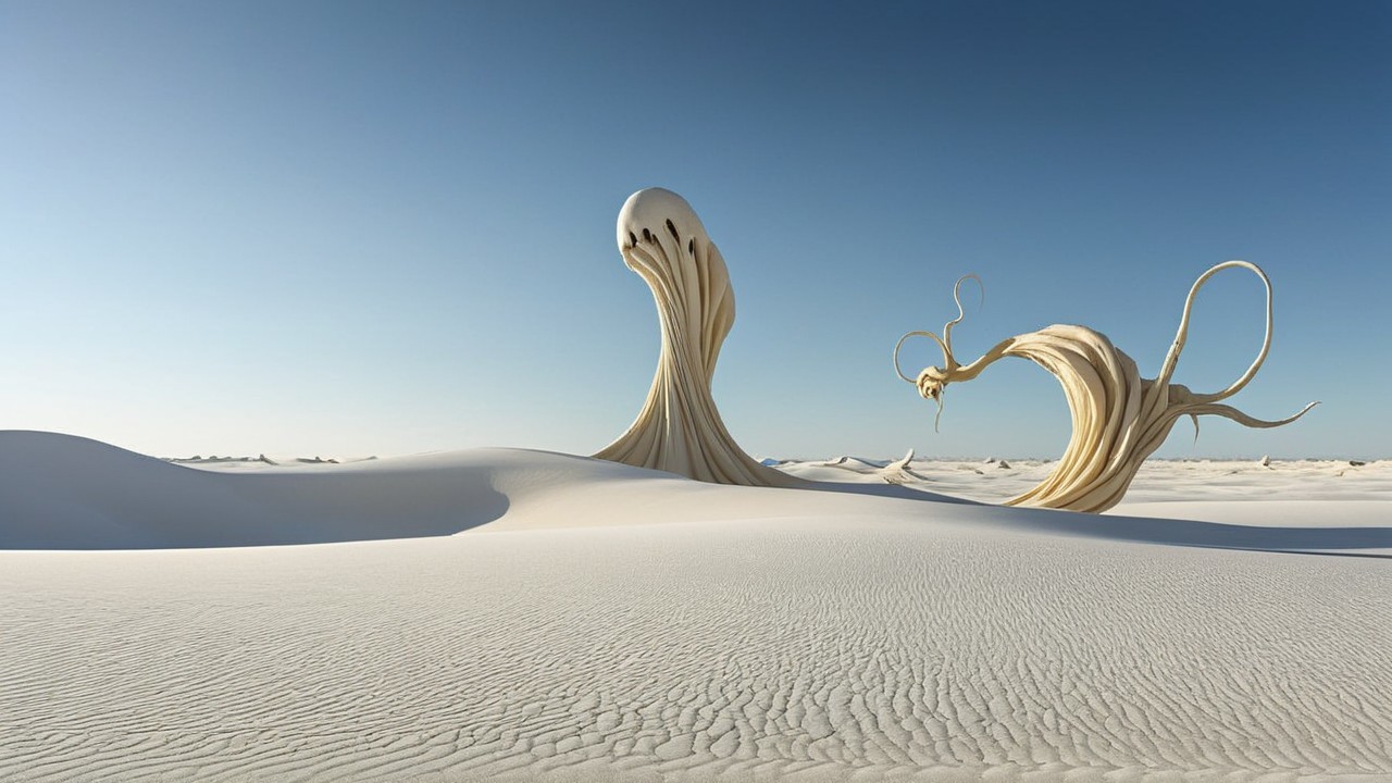 Surreal Landscape with Fluid Sculptures and White Sand