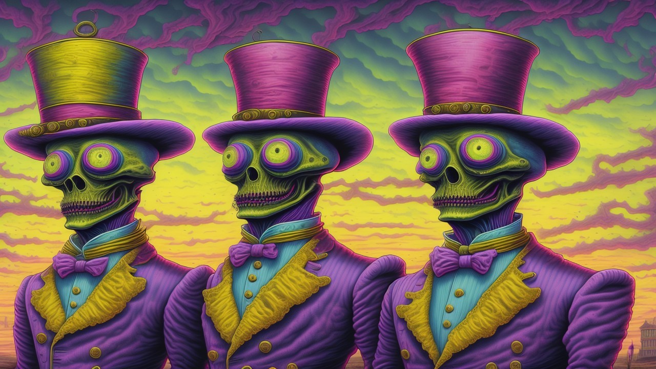 Cartoonish skeletons in colorful top hats at sunset