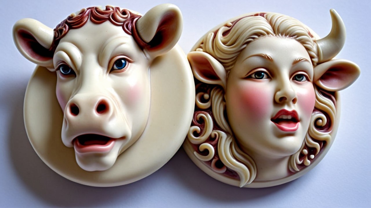 Dual Sculpture of Cow's Head and Woman's Face