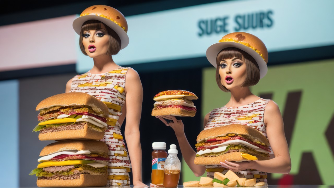 Drag Queens in Food-Themed Performance with Hamburgers