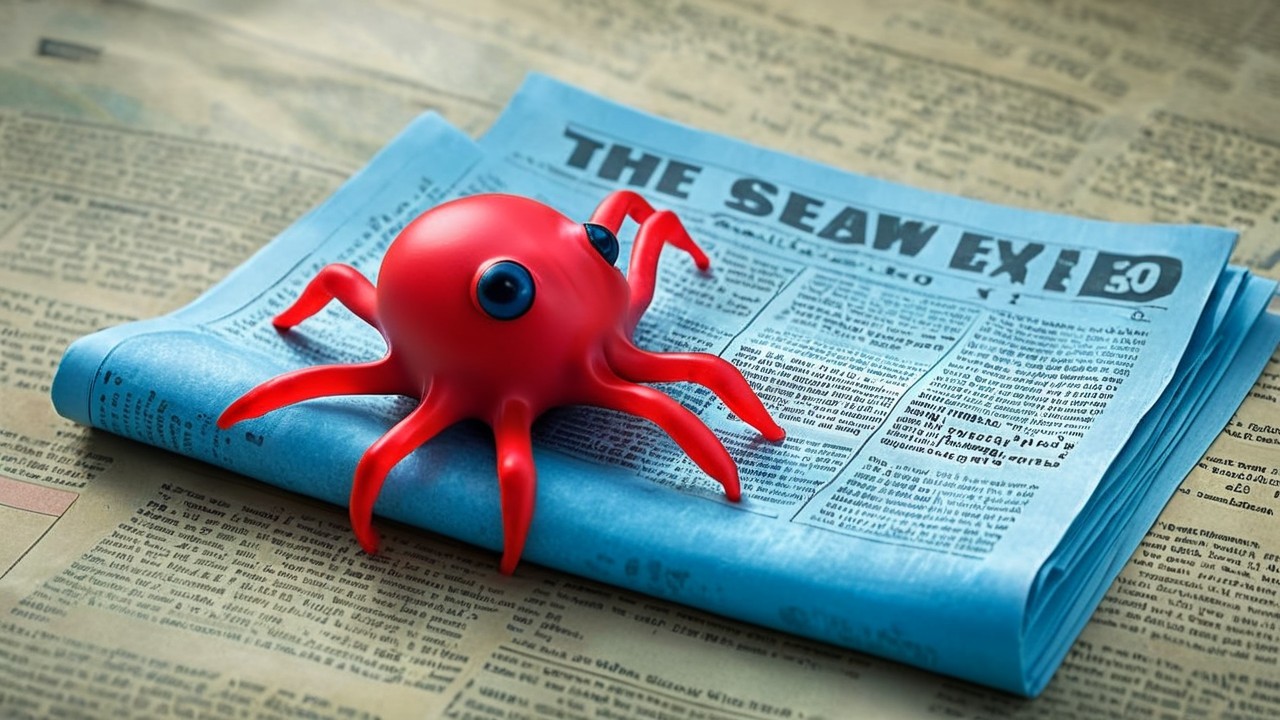 Vibrant Red Octopus Toy on Crumpled Blue Newspaper