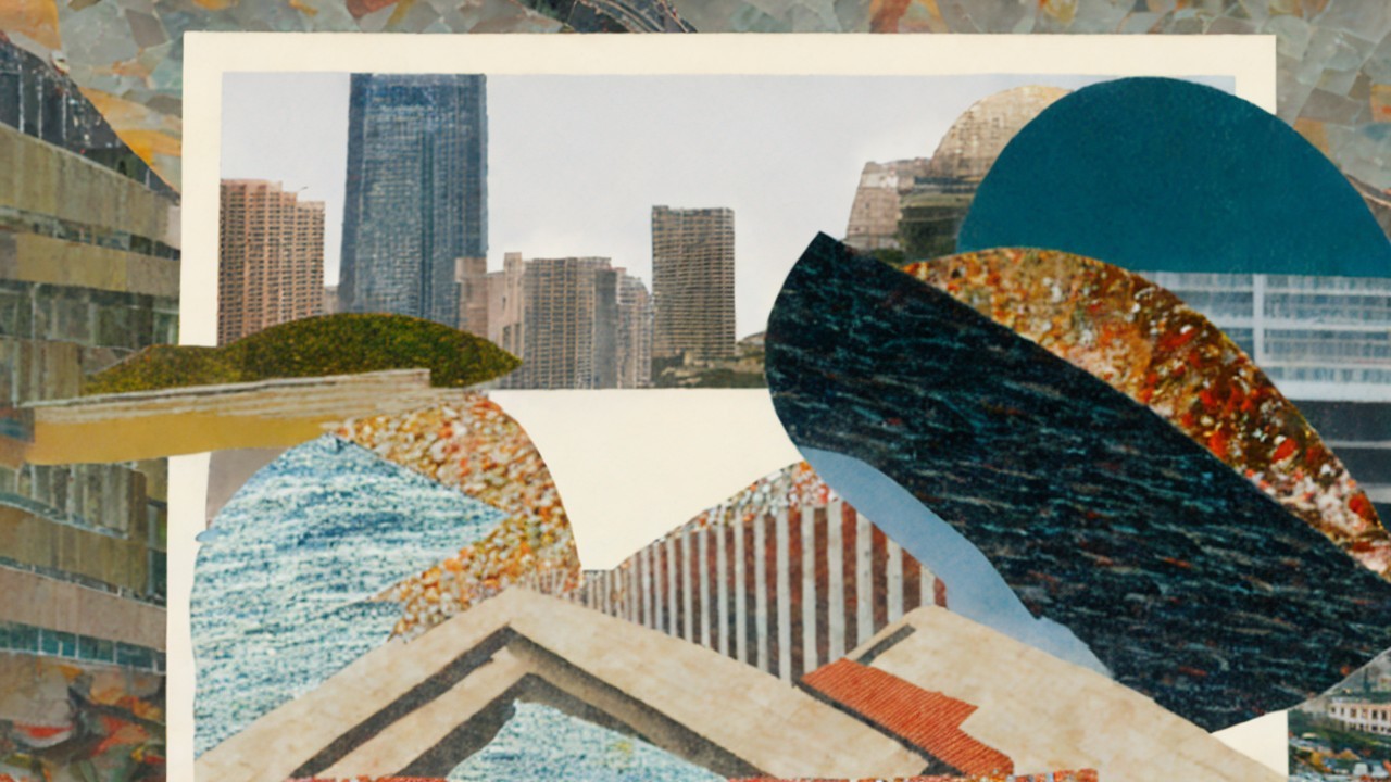 Mixed Media Collage of City Skyline and Abstract Shapes