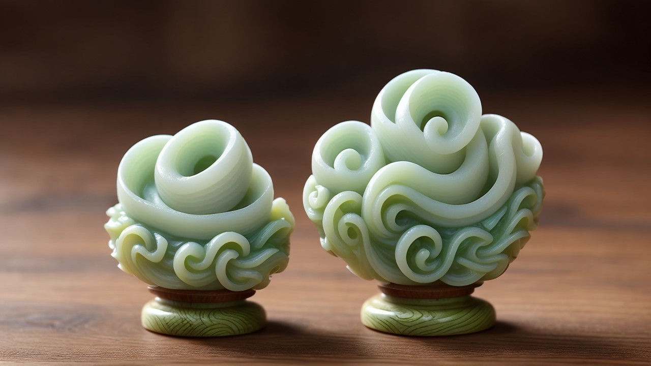 Intricately Carved Jadeite Sculptures with Wooden Bases