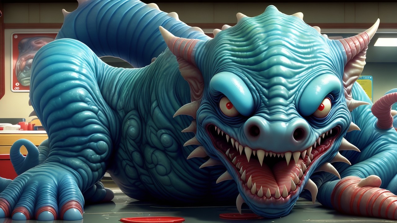 Vibrant Blue Serpentine Creature in Cartoonish Setting