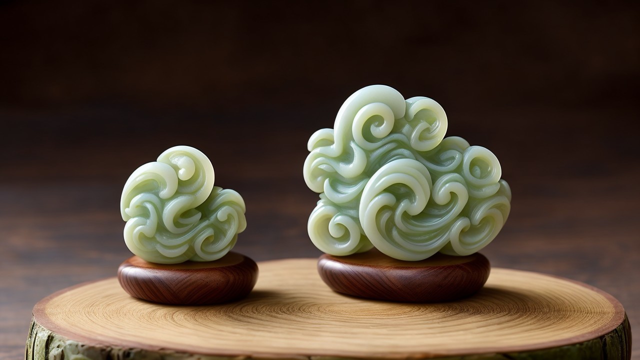 Intricately Carved Jade Cloud Sculptures on Bases