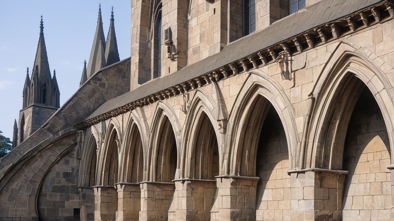 Historic stone building with ornate arches and spires