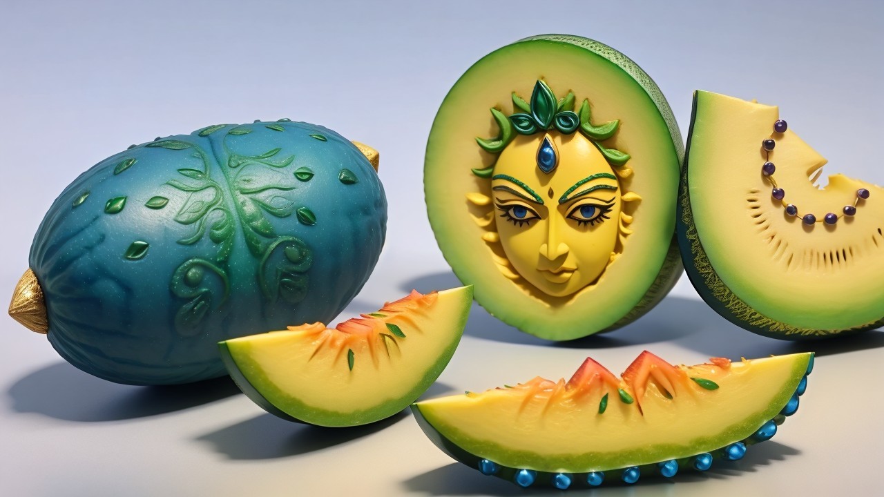 Decorative Melon Arrangement with Artistic Designs