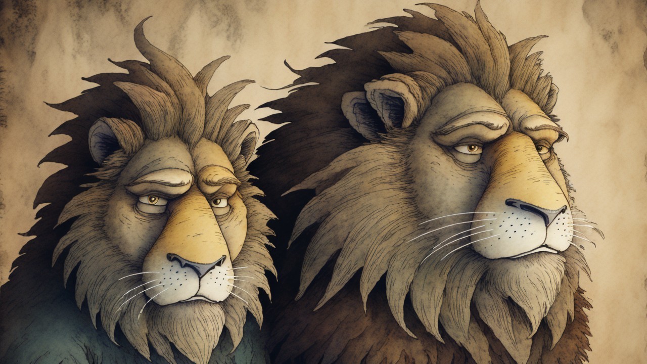 Stylized lions with contrasting colors and expressions