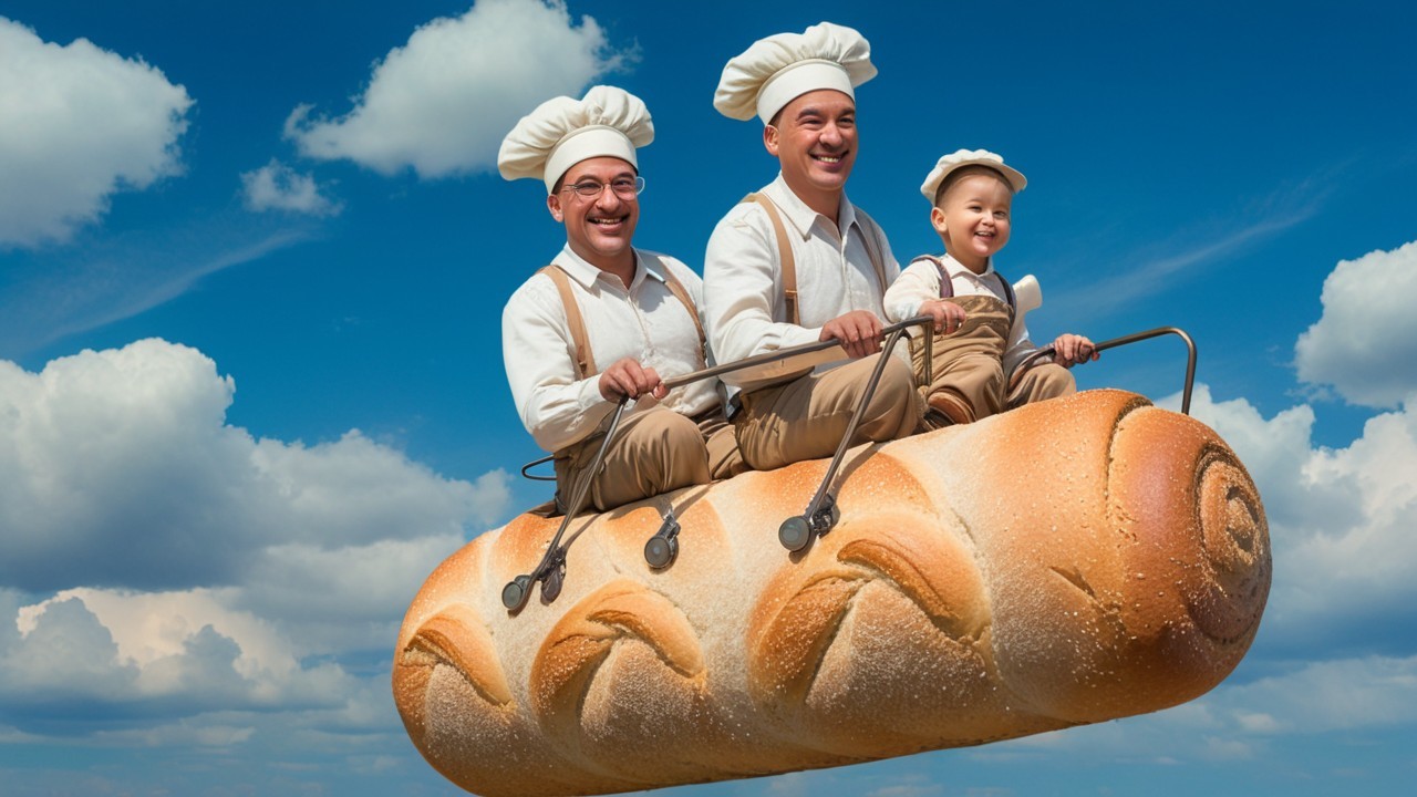 Bakers Riding a Giant Loaf of Bread in the Sky