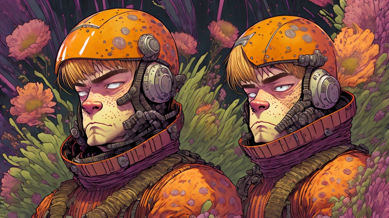 Characters in Orange Space Suits Among Giant Flowers