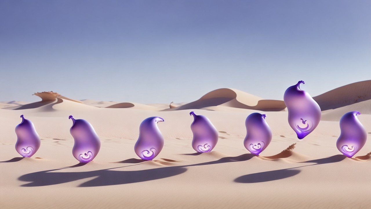 Translucent Purple Teardrops on Sandy Desert Landscape