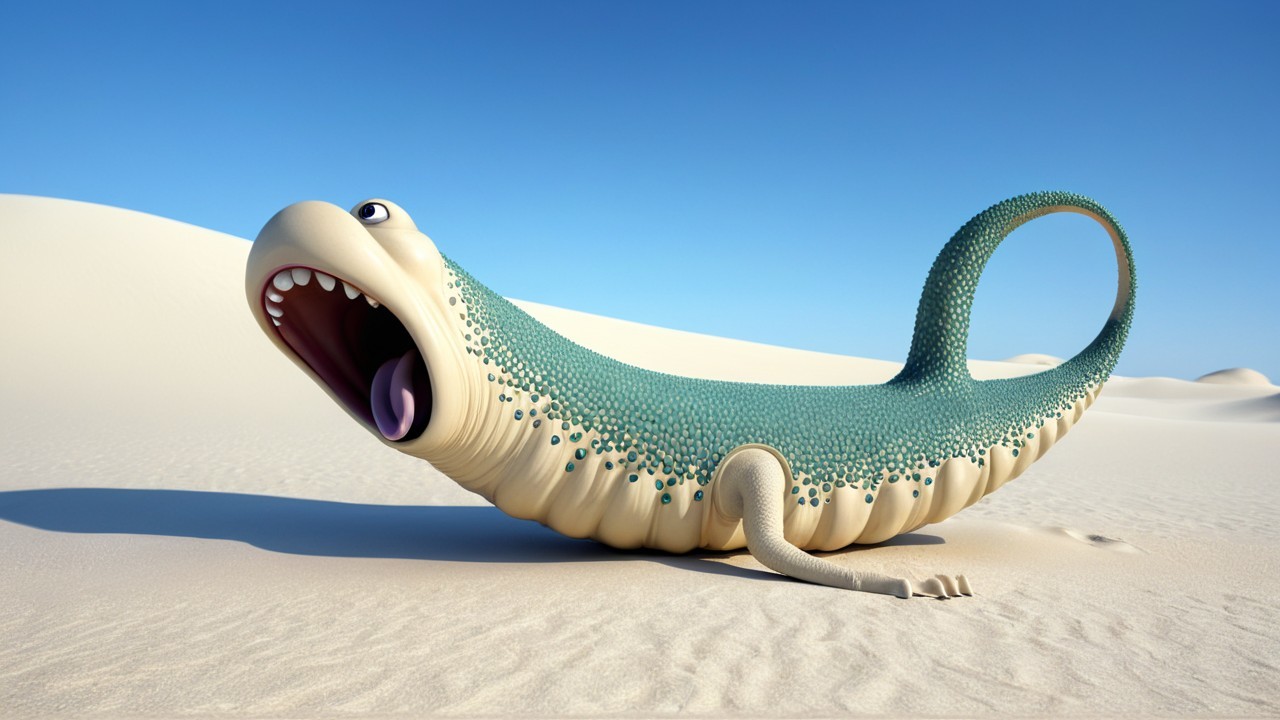 Whimsical turquoise creature on sandy dune under blue sky