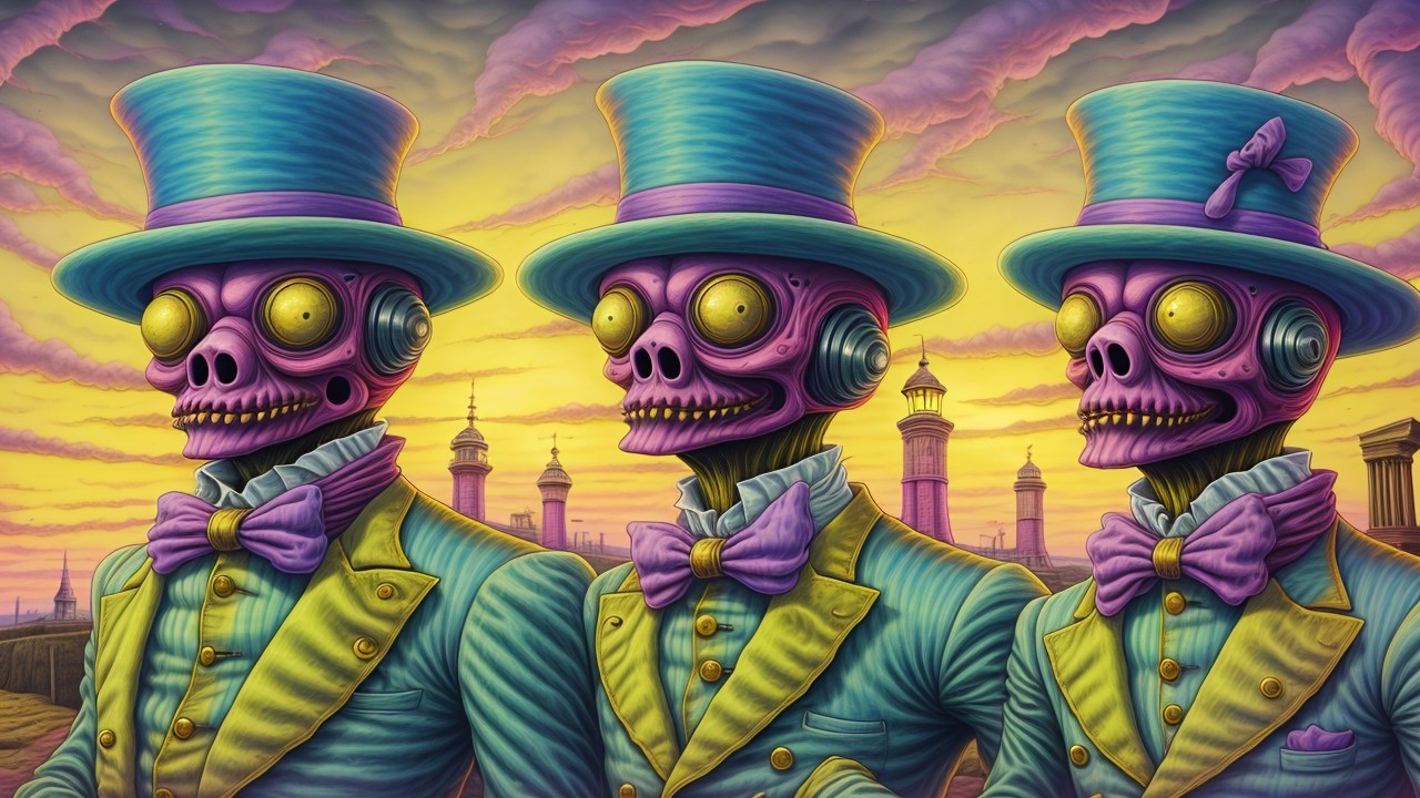 Whimsical Skeletal Figures in Victorian Attire at Sunset
