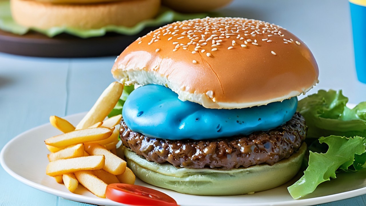 Vibrant Burger with Blue Layer and Golden French Fries