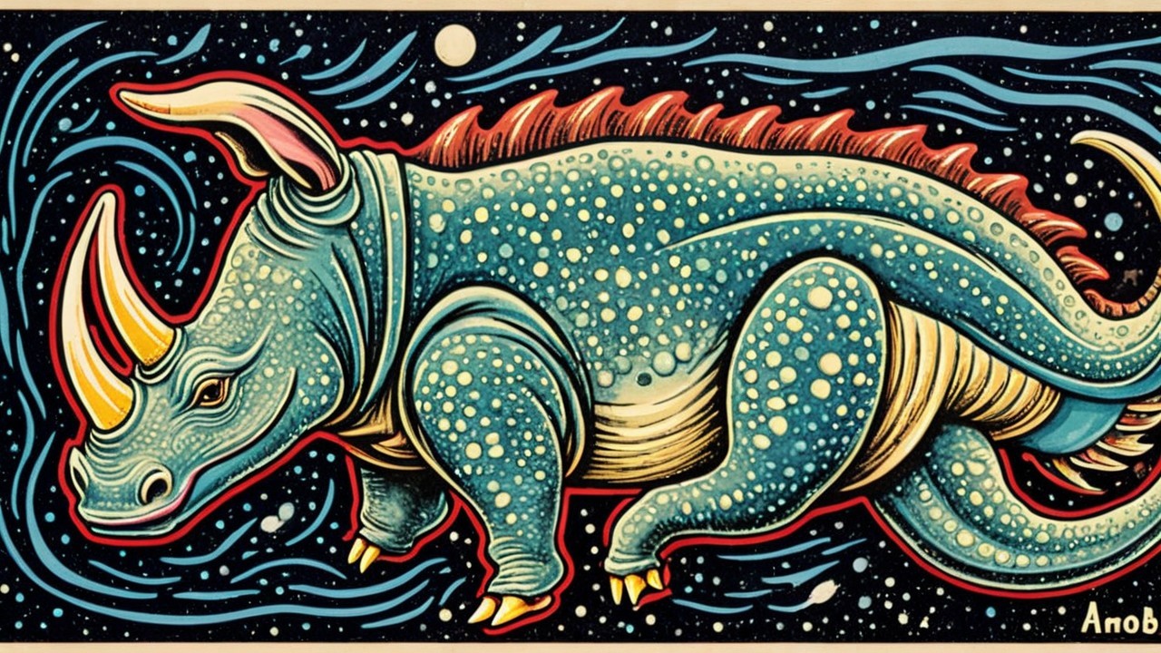 Vibrant Illustration of a Colorful Rhinoceros in Space