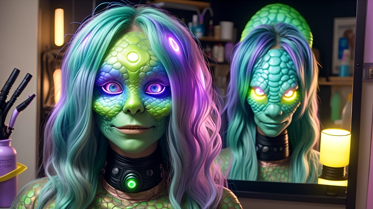 Vibrant Character with Scaled Skin and Futuristic Makeup