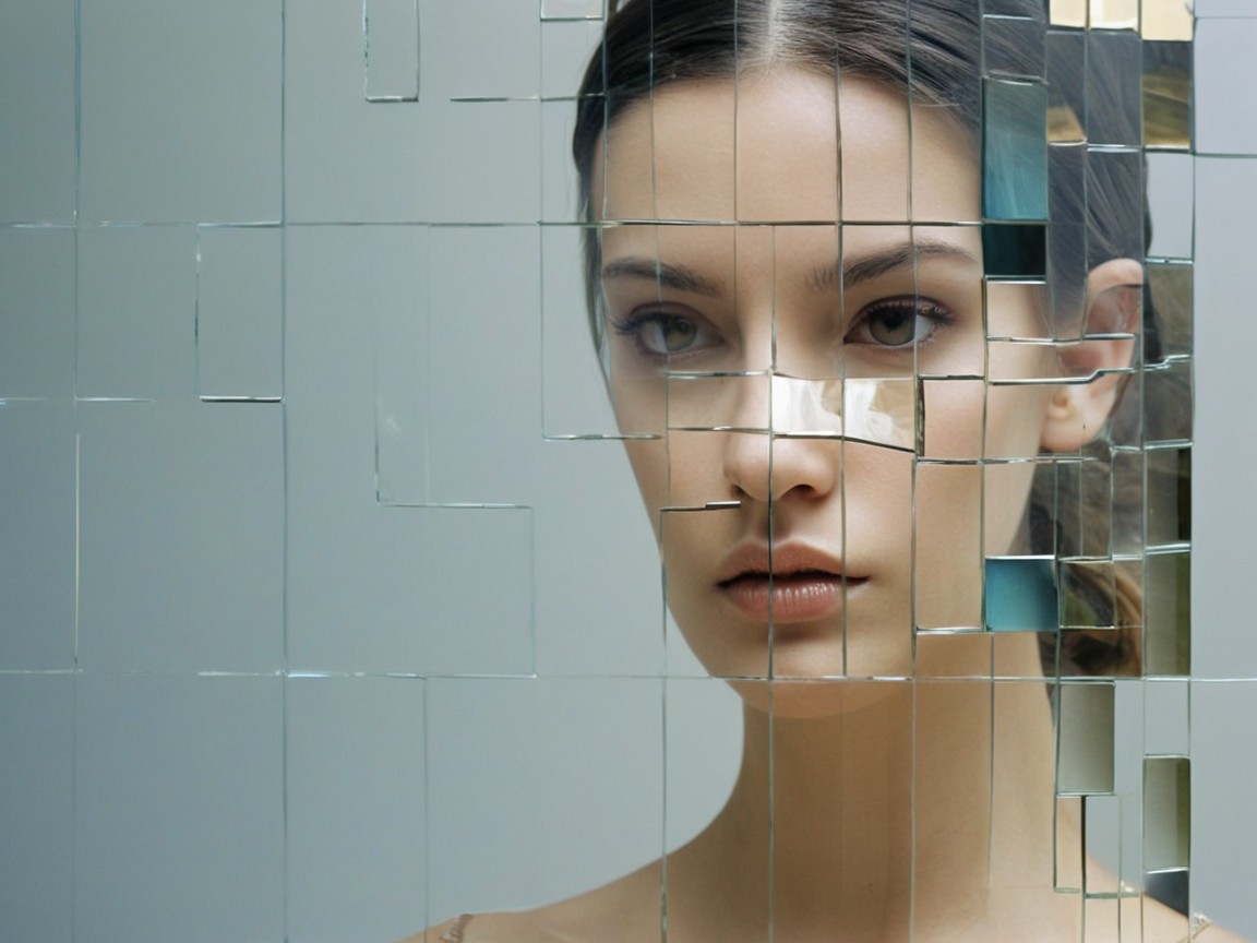 Fragmented Mirror Reflection of Young Woman's Face