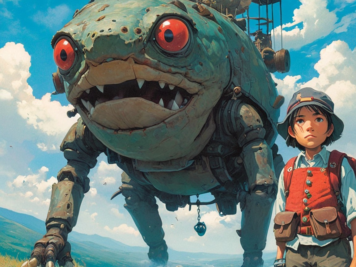 Anime Boy with Robot Frog in Ghibli-esque Style