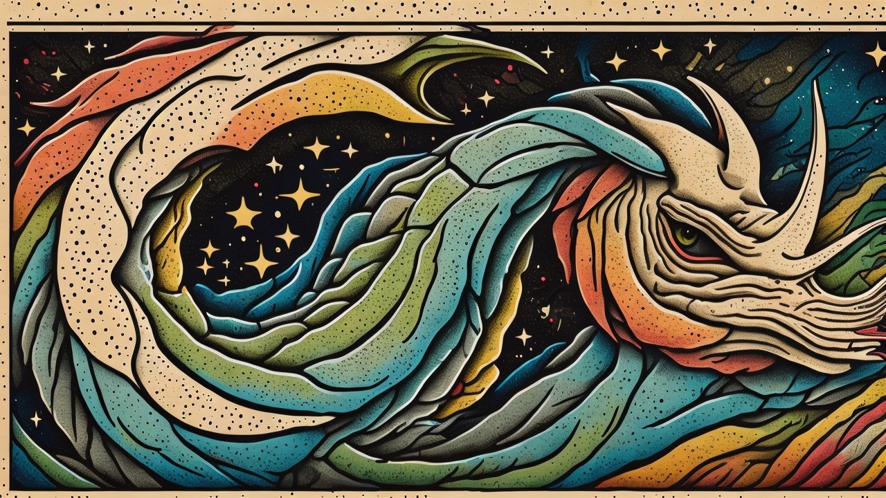 Vibrant Dragon Creature in Colorful Cosmic Waves