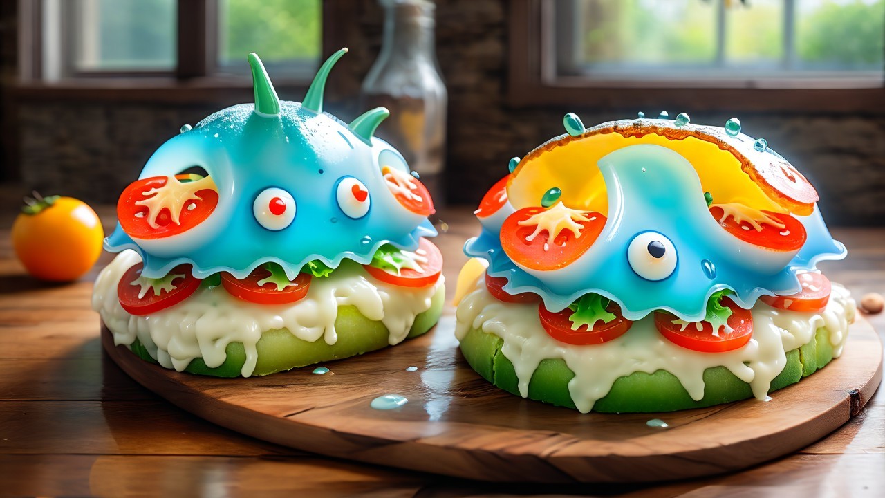 Whimsical Alien-Inspired Sandwiches on Wooden Platter