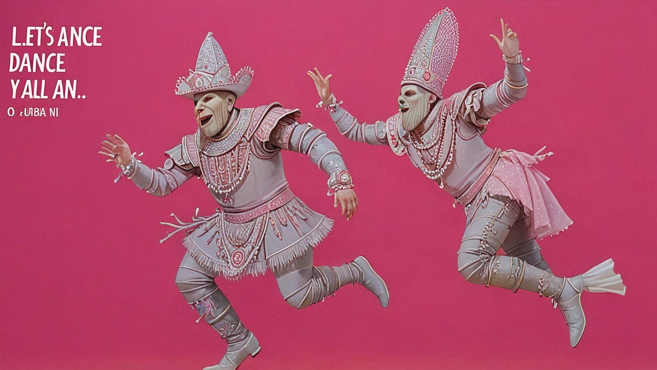 Whimsical Figures in Elaborate Costumes on Pink Background