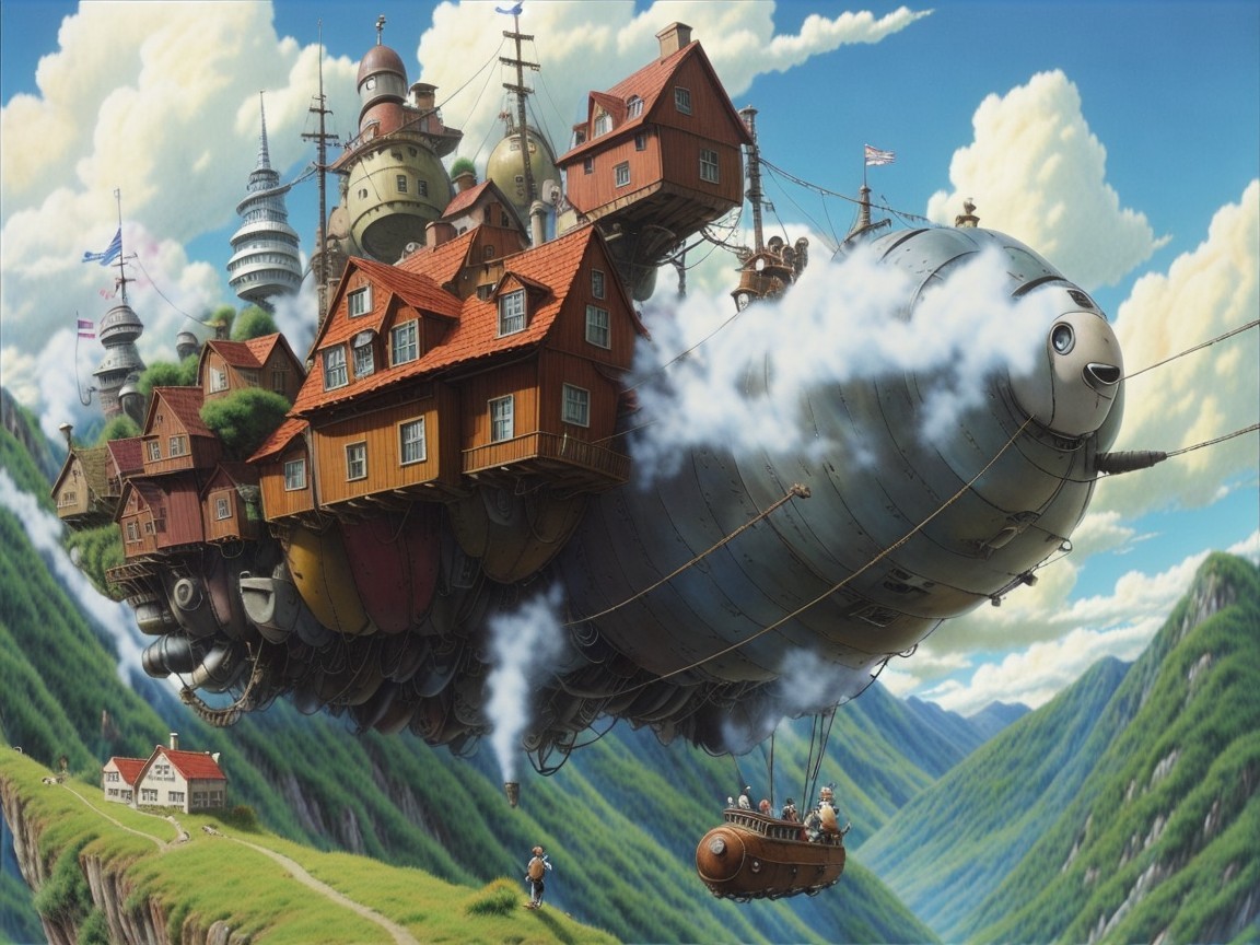Fantastical airship above vibrant landscape and village