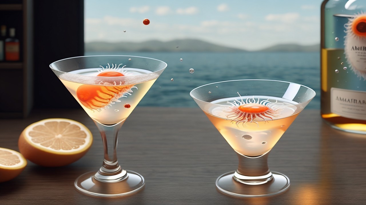 Elegant cocktails with vibrant orange garnish by the sea