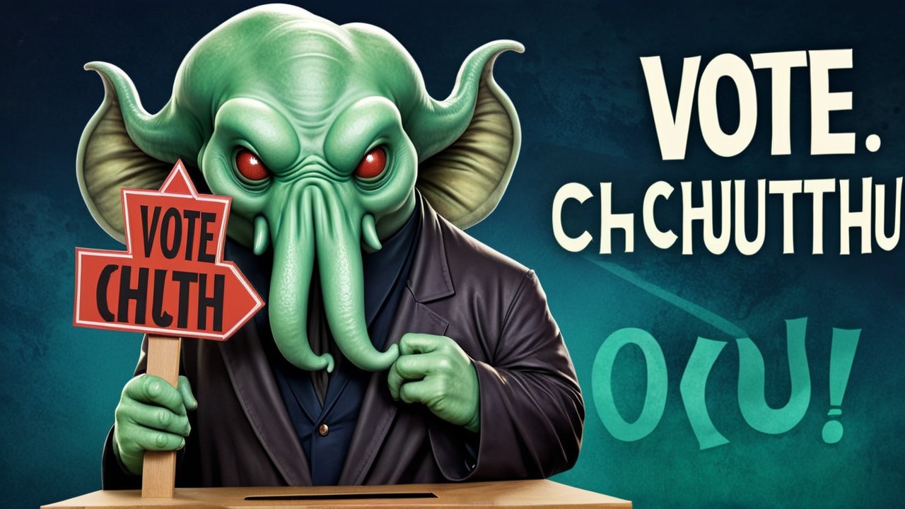 Cartoonish Cthulhu Creature at Polling Station