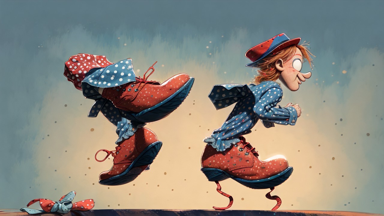 Whimsical Character in Colorful Outfit and Clown Shoes