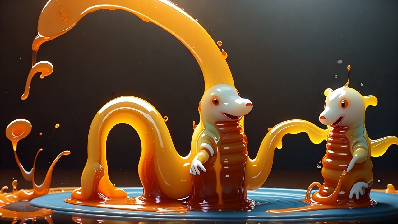 Whimsical Cartoon Creatures in Vibrant Orange Liquid