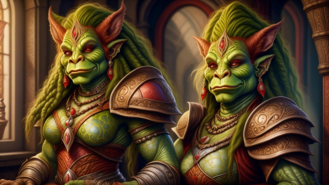 Green-skinned humanoid figures in ornate armor and jewelry