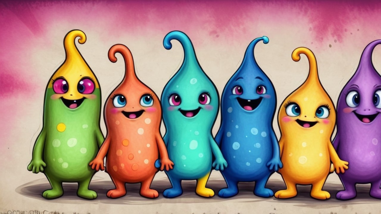 Colorful Cartoonish Creatures on Pink Background